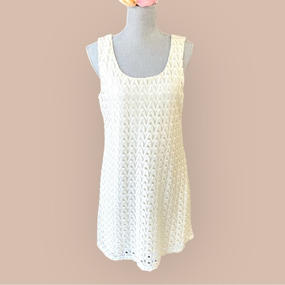 Red Camel Ivory Crochet Shift Dress Large – Sleeveless Lined Knit, Keyhole Back - Picture 2 of 11
